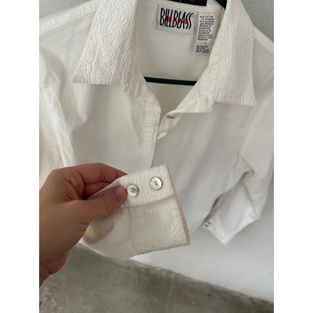 Vintage 90's Y2K White Long Sleeve Button Down Blouse Size L Detailed Collar - Picture 6 of 8